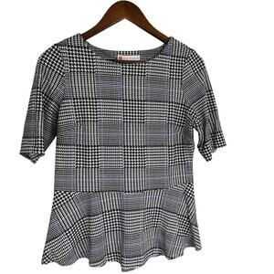 JUDE CONNALLY Glen Plaid Short Sleeve Peplum Top Size S Office Career